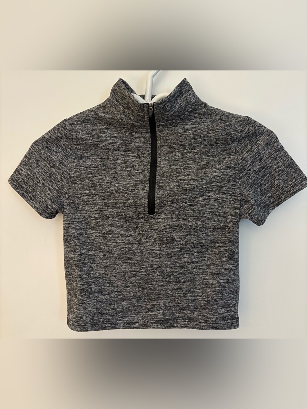 Short-Sleeve Heathered Gray Zip Mock Neck Top